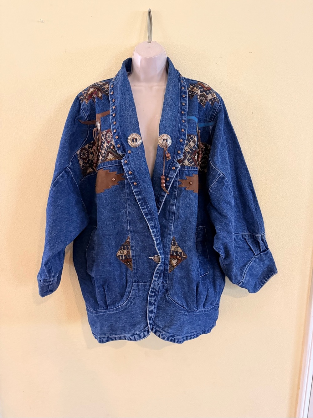 Southwestern-Trim Oversized Denim Jacket - Blue Vintage
